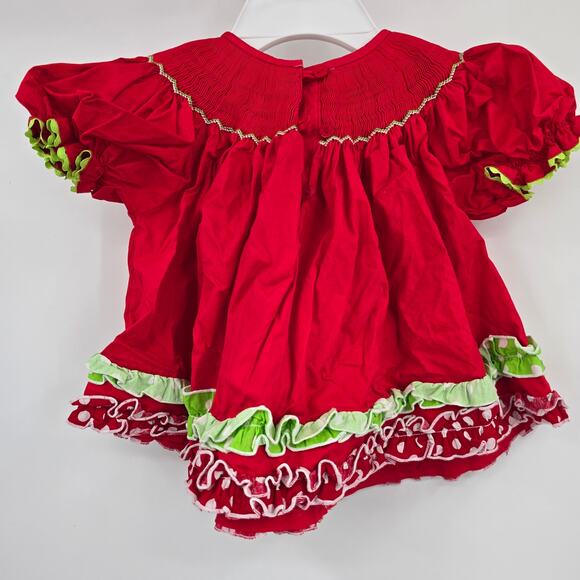 Smocked A Lot Vintage Baby Girl Santa Smocked Neck Ruffle Chevron Outfit 18M - Picture 3 of 9